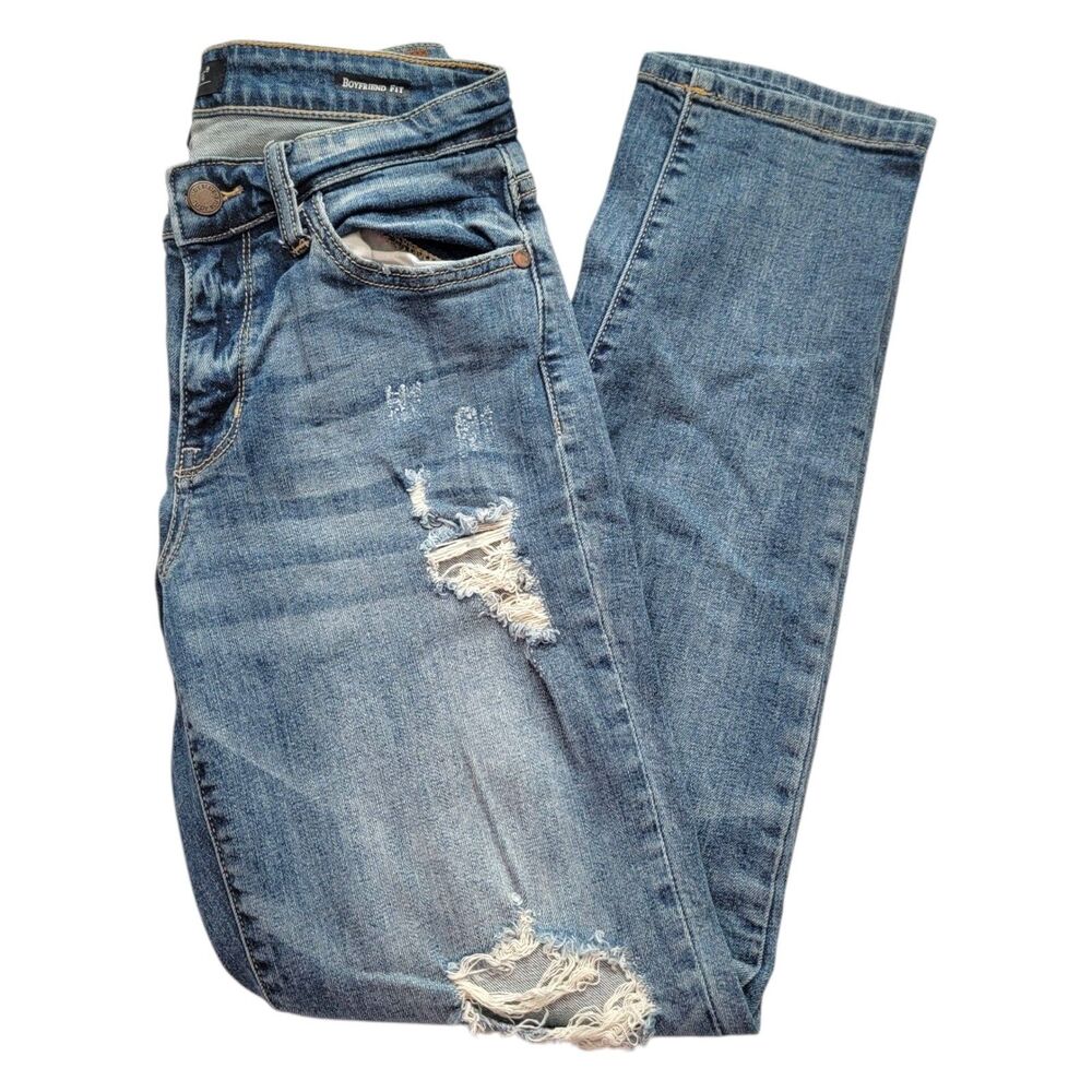 Judy Blue Womens Jeans 3/26 Boyfriend Fit Distressed Blue Mid Rise Relaxed